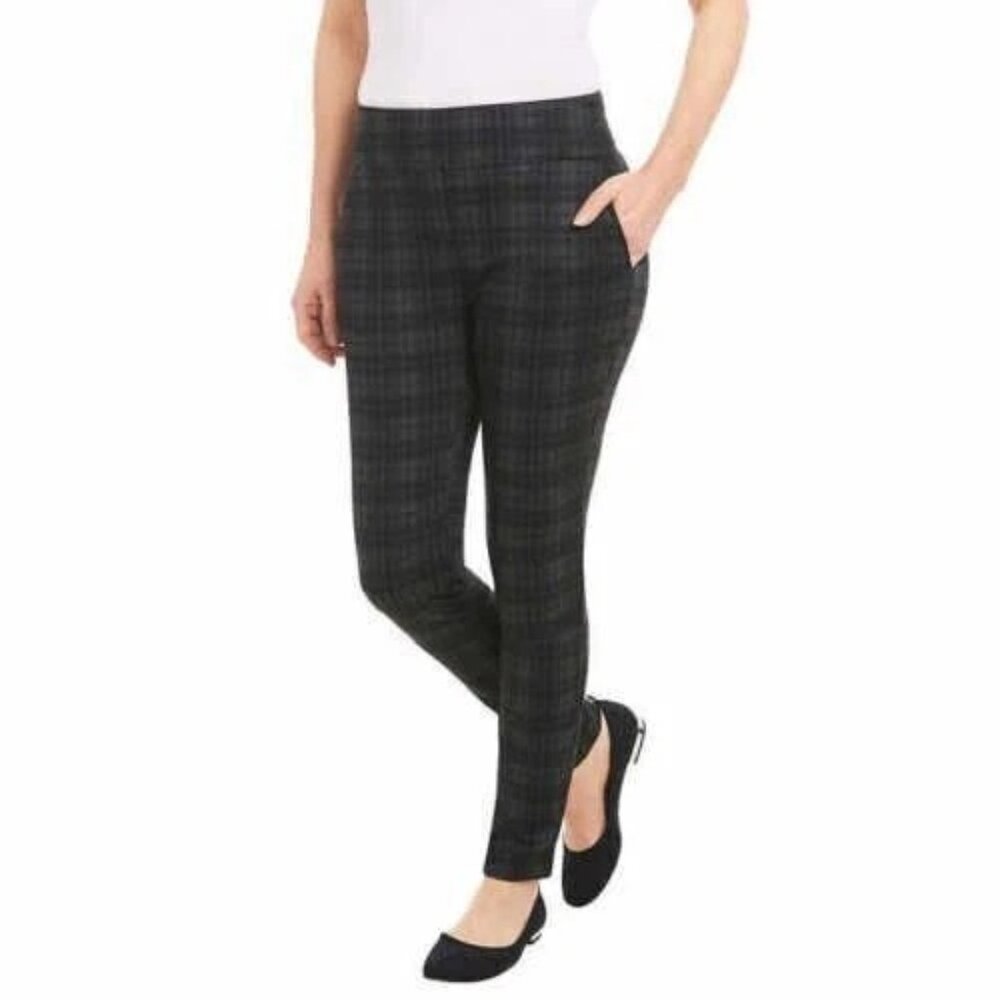 Dalia XXL Tummy Control Pull On Mid-Rise Twill Stretch Narrow Ponte Pants Plaid